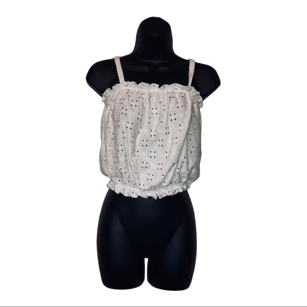 White eyelet cropped babydoll elastic blouson top‎ shirt size small new